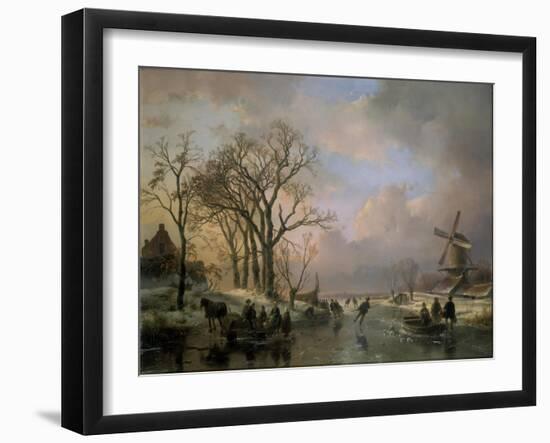 Skating in Holland, Showing a Winter Scene with Ice-Scaters and with a Windmill in the Background-Andreas Schelfhout-Framed Giclee Print