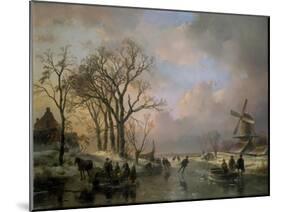 Skating in Holland, Showing a Winter Scene with Ice-Scaters and with a Windmill in the Background-Andreas Schelfhout-Mounted Giclee Print