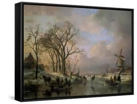 Skating in Holland, Showing a Winter Scene with Ice-Scaters and with a Windmill in the Background-Andreas Schelfhout-Framed Stretched Canvas