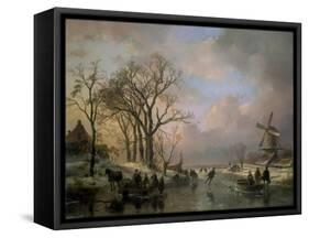 Skating in Holland, Showing a Winter Scene with Ice-Scaters and with a Windmill in the Background-Andreas Schelfhout-Framed Stretched Canvas