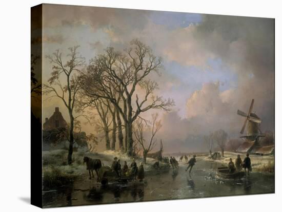 Skating in Holland, Showing a Winter Scene with Ice-Scaters and with a Windmill in the Background-Andreas Schelfhout-Stretched Canvas