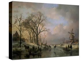 Skating in Holland, Showing a Winter Scene with Ice-Scaters and with a Windmill in the Background-Andreas Schelfhout-Stretched Canvas