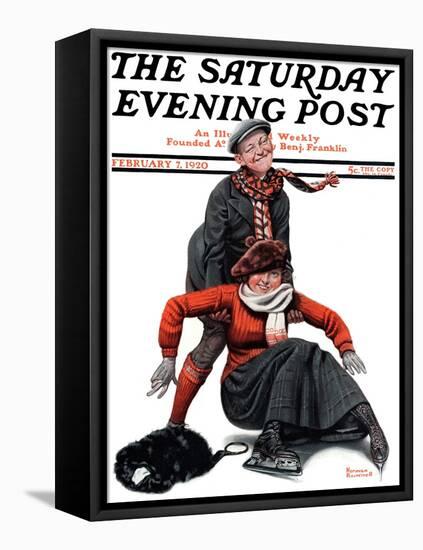 "Skating Lesson" Saturday Evening Post Cover, February 7,1920-Norman Rockwell-Framed Stretched Canvas
