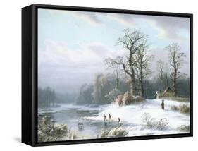 Skating on a Frozen Pond-Carl Ludwig Scheins-Framed Stretched Canvas