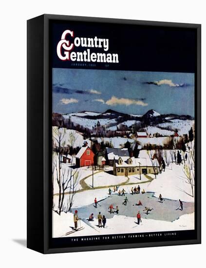 "Skating on Farm Pond," Country Gentleman Cover, January 1, 1950-Paul Sample-Framed Stretched Canvas