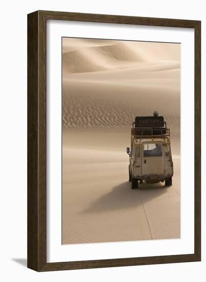 Skeleton Coast, Namibia. Land Rover Venturing Out over the Sand Dunes-Janet Muir-Framed Photographic Print