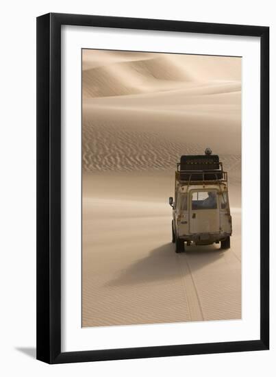 Skeleton Coast, Namibia. Land Rover Venturing Out over the Sand Dunes-Janet Muir-Framed Photographic Print