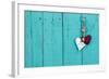 Skeleton Key, Red Rope Heart and Silver Tin Heart Hanging on Antique Rustic Teal Blue Wood Door; Va-laura h-Framed Photographic Print