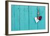 Skeleton Key, Red Rope Heart and Silver Tin Heart Hanging on Antique Rustic Teal Blue Wood Door; Va-laura h-Framed Photographic Print