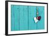 Skeleton Key, Red Rope Heart and Silver Tin Heart Hanging on Antique Rustic Teal Blue Wood Door; Va-laura h-Framed Photographic Print