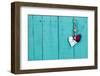 Skeleton Key, Red Rope Heart and Silver Tin Heart Hanging on Antique Rustic Teal Blue Wood Door; Va-laura h-Framed Photographic Print