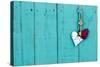 Skeleton Key, Red Rope Heart and Silver Tin Heart Hanging on Antique Rustic Teal Blue Wood Door; Va-laura h-Stretched Canvas