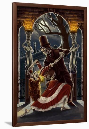 Skeletons Dancing in Graveyard-Lantern Press-Framed Art Print