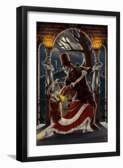 Skeletons Dancing in Graveyard-Lantern Press-Framed Art Print