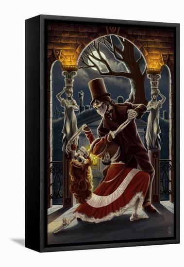 Skeletons Dancing in Graveyard-Lantern Press-Framed Stretched Canvas