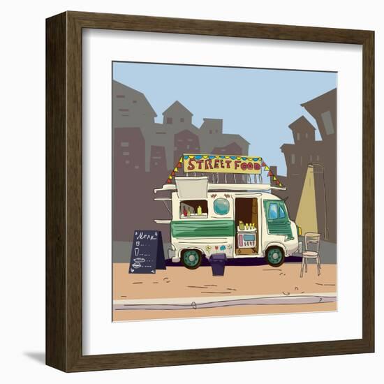 Sketch car street food, city, cartoon, coffee, hot dog, vector illustration-Valeri Hadeev-Framed Art Print