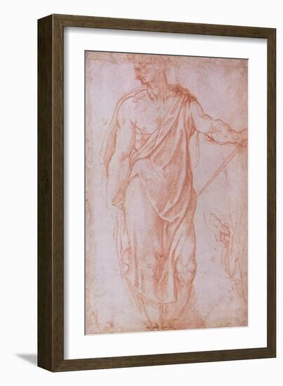 Sketch of a Man Holding a Staff and a Study of a Hand-Michelangelo Buonarroti-Framed Giclee Print