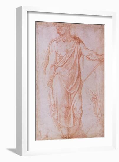 Sketch of a Man Holding a Staff and a Study of a Hand-Michelangelo Buonarroti-Framed Giclee Print