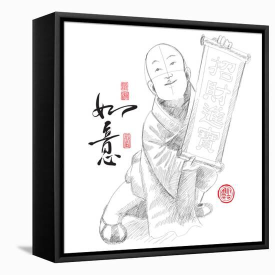 Sketch of Chinese Little Monk Presenting Scroll with Chinese New Year Wishes-yienkeat-Framed Stretched Canvas