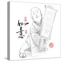 Sketch of Chinese Little Monk Presenting Scroll with Chinese New Year Wishes-yienkeat-Stretched Canvas