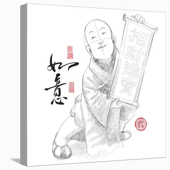 Sketch of Chinese Little Monk Presenting Scroll with Chinese New Year Wishes-yienkeat-Stretched Canvas