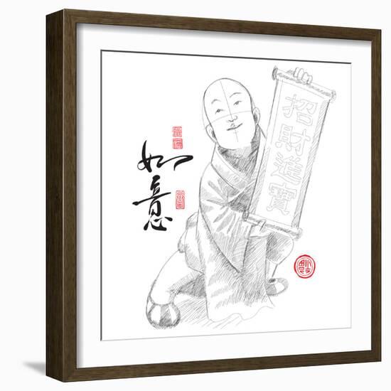 Sketch of Chinese Little Monk Presenting Scroll with Chinese New Year Wishes-yienkeat-Framed Photographic Print