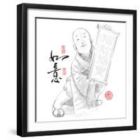 Sketch of Chinese Little Monk Presenting Scroll with Chinese New Year Wishes-yienkeat-Framed Photographic Print