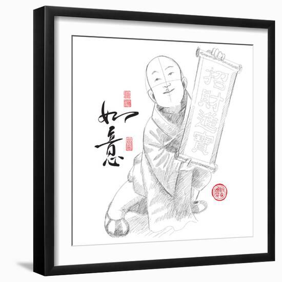 Sketch of Chinese Little Monk Presenting Scroll with Chinese New Year Wishes-yienkeat-Framed Photographic Print