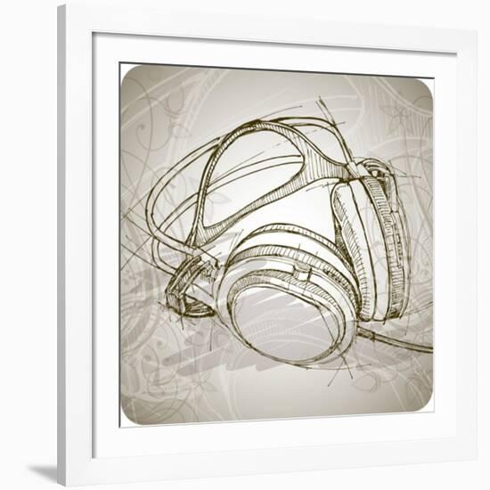 Sketch Of Headphones On The Background With Floral Patterns--Vladimir--Framed Art Print