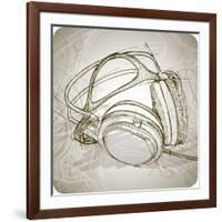 Sketch Of Headphones On The Background With Floral Patterns--Vladimir--Framed Art Print