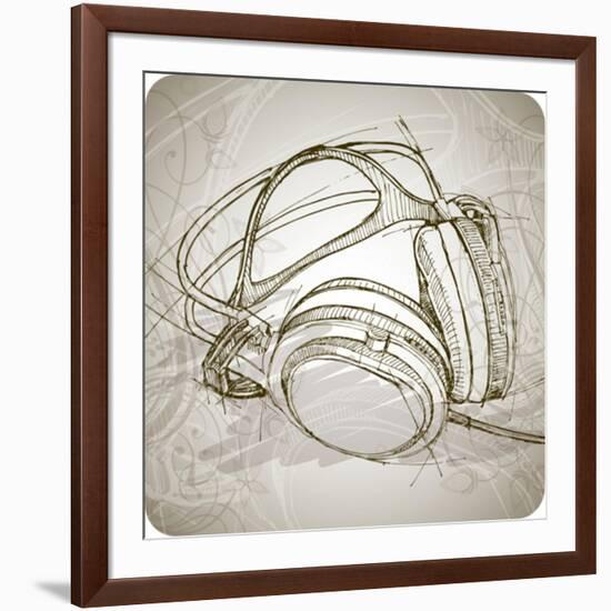 Sketch Of Headphones On The Background With Floral Patterns--Vladimir--Framed Art Print