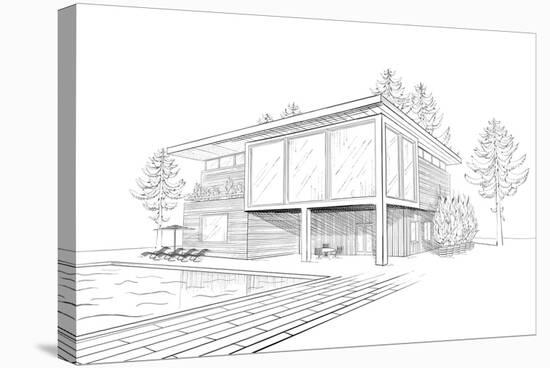 Sketch of Modern House with Swimming Pool-alchena-Stretched Canvas