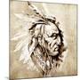 Sketch Of Tattoo Art, American Indian Chief Illustration-outsiderzone-Mounted Art Print