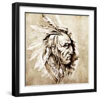 Sketch Of Tattoo Art, American Indian Chief Illustration-outsiderzone-Framed Art Print