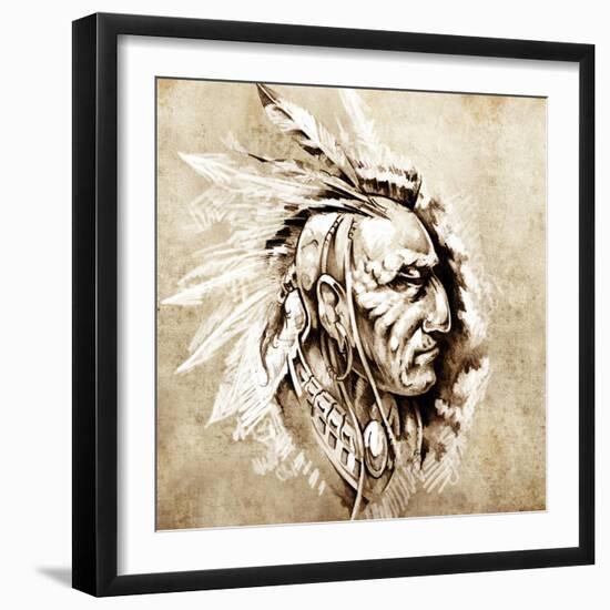 Sketch Of Tattoo Art, American Indian Chief Illustration-outsiderzone-Framed Art Print