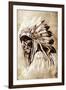 Sketch Of Tattoo Art, Indian Head, Chief, Vintage Style-outsiderzone-Framed Art Print