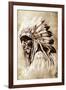 Sketch Of Tattoo Art, Indian Head, Chief, Vintage Style-outsiderzone-Framed Art Print