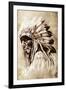 Sketch Of Tattoo Art, Indian Head, Chief, Vintage Style-outsiderzone-Framed Art Print