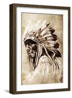 Sketch Of Tattoo Art, Indian Head, Chief, Vintage Style-outsiderzone-Framed Art Print