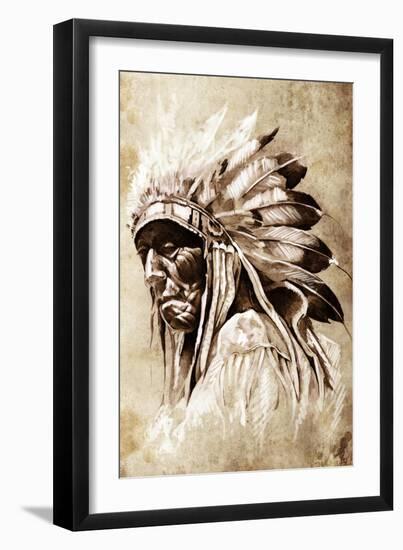 Sketch Of Tattoo Art, Indian Head, Chief, Vintage Style-outsiderzone-Framed Art Print