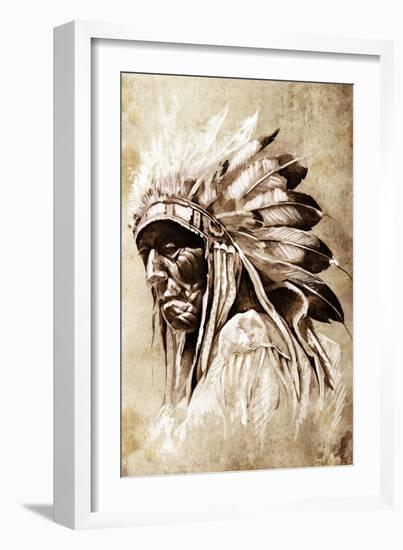 Sketch Of Tattoo Art, Indian Head, Chief, Vintage Style-outsiderzone-Framed Art Print