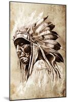 Sketch Of Tattoo Art, Indian Head, Chief, Vintage Style-outsiderzone-Mounted Art Print