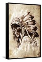 Sketch Of Tattoo Art, Indian Head, Chief, Vintage Style-outsiderzone-Framed Stretched Canvas