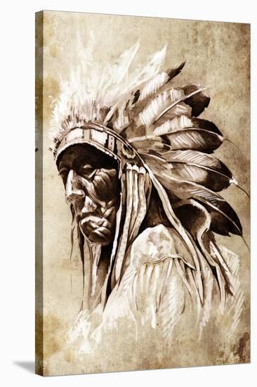 Sketch Of Tattoo Art, Indian Head, Chief, Vintage Style-outsiderzone-Stretched Canvas