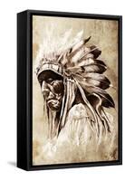 Sketch Of Tattoo Art, Indian Head, Chief, Vintage Style-outsiderzone-Framed Stretched Canvas