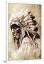 Sketch Of Tattoo Art, Indian Head, Chief, Vintage Style-outsiderzone-Framed Art Print