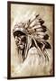 Sketch Of Tattoo Art, Indian Head, Chief, Vintage Style-outsiderzone-Framed Art Print