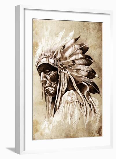 Sketch Of Tattoo Art, Indian Head, Chief, Vintage Style-outsiderzone-Framed Art Print