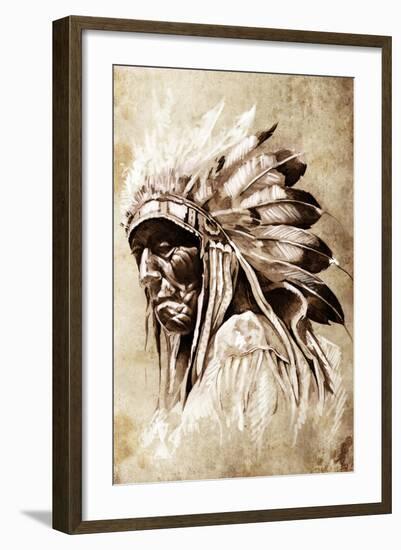 Sketch Of Tattoo Art, Indian Head, Chief, Vintage Style-outsiderzone-Framed Art Print