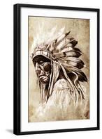 Sketch Of Tattoo Art, Indian Head, Chief, Vintage Style-outsiderzone-Framed Art Print